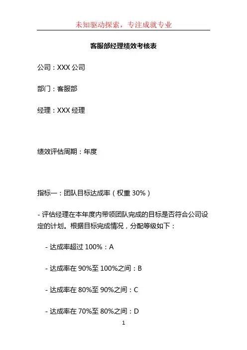 客服部经理绩效考核表