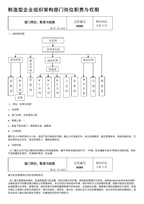 制造型企业组织架构部门岗位职责与权限