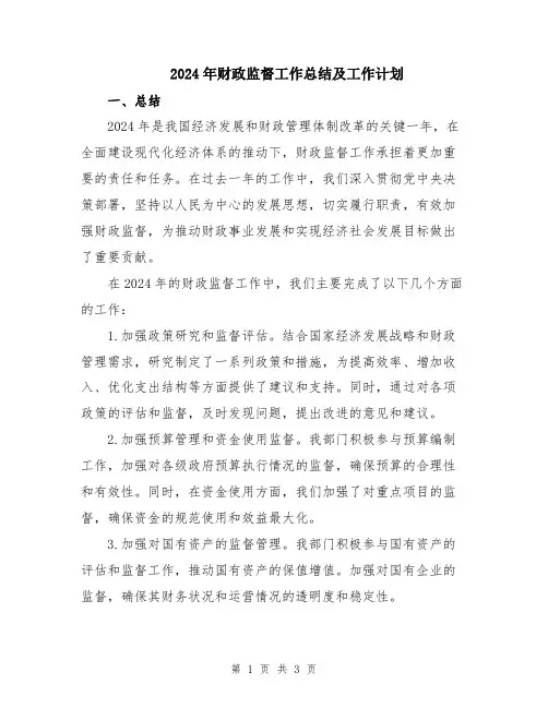 2024年财政监督工作总结及工作计划