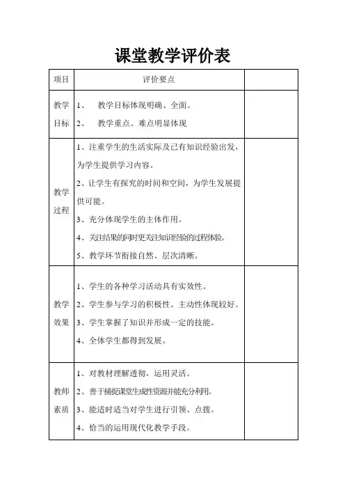 课堂教学评价表