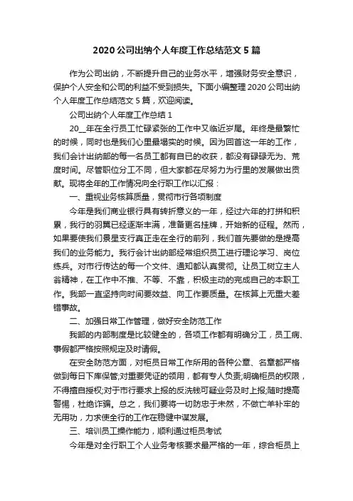 2020公司出纳个人年度工作总结范文5篇