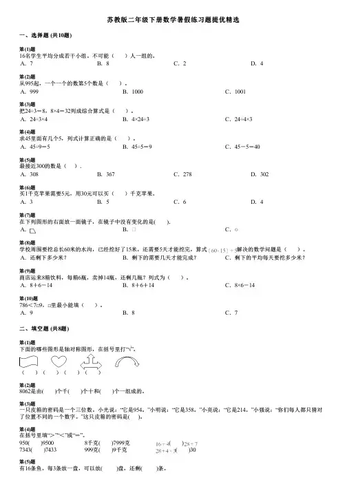 苏教版二年级下册数学暑假练习题提优精选