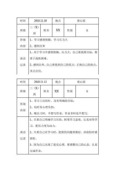 初中心理咨询记录(表格)