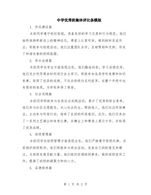 中学优秀班集体评比条模版