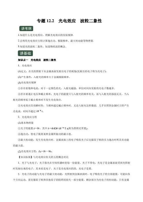 2020年高考物理一轮复习专题12.2 光电效应 波粒二象性(讲)(解析版)