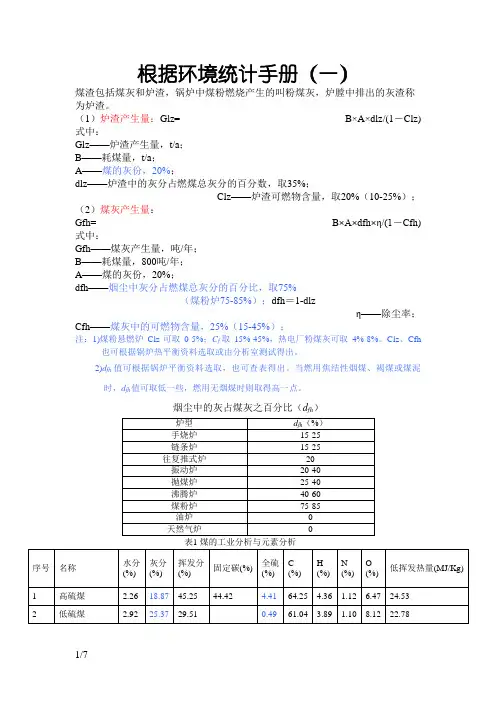 燃煤锅炉灰渣、烟气量、烟尘、二氧化硫的计算
