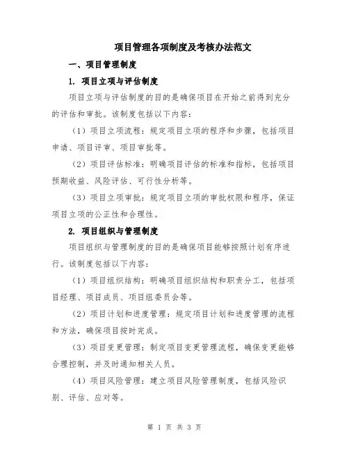 项目管理各项制度及考核办法范文