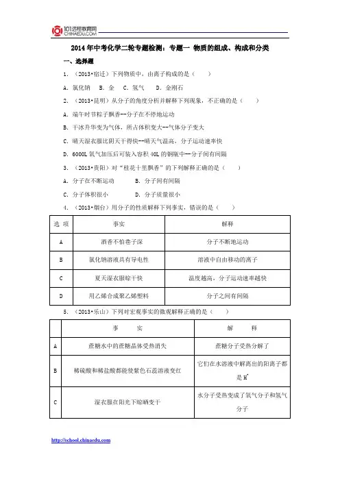 2014年中考化学二轮专题检测：专题一 物质的组成、构成和分类