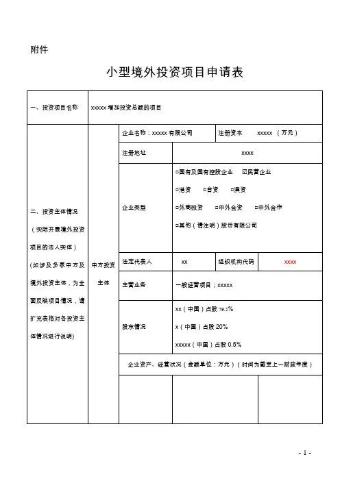 小型境外投资项目申请表