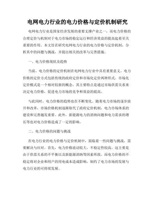 电网电力行业的电力价格与定价机制研究