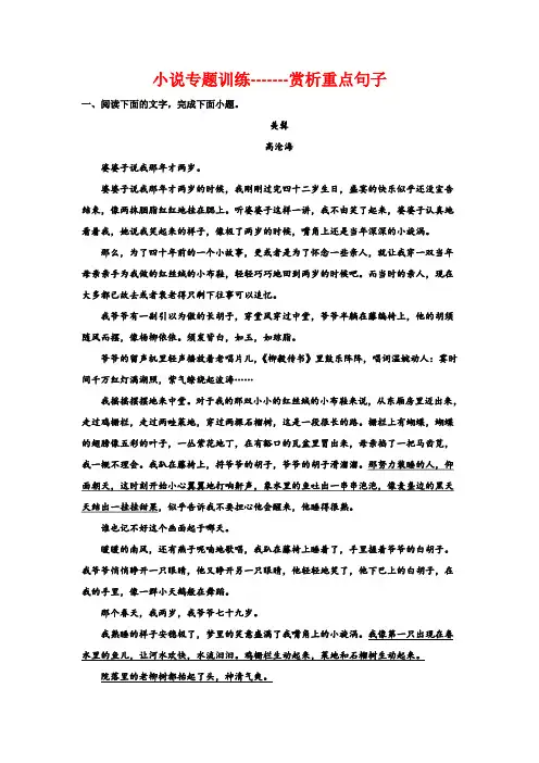 小说专题训练——赏析重点句子-高三语文二轮复习训练