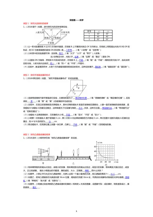 中考物理总复习专题训练光学实验(附答案)