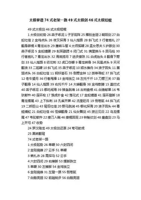 太极拳谱74式老架一路49式太极剑46式太极短棍