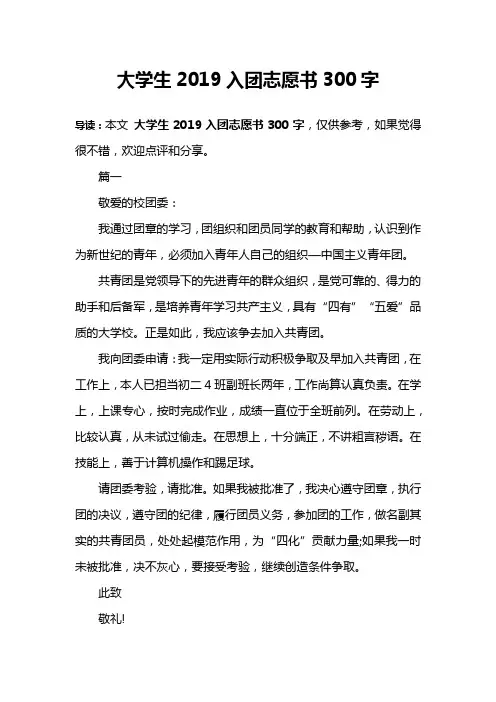 大学生2019入团志愿书300字
