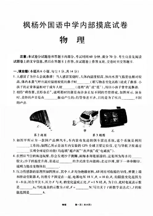 河南省郑州市枫杨外国语中学2018届中考物理试题(含答案)