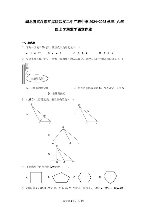湖北省武汉市江岸区武汉二中广雅中学2024-2025学年八年级上学期数学课堂作业