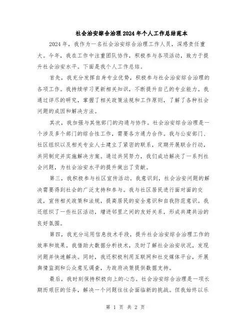 社会治安综合治理2024年个人工作总结范本