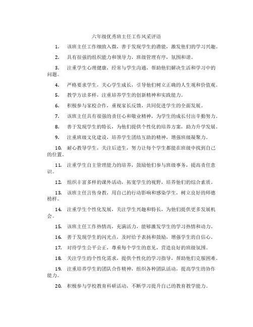 六年级优秀班主任工作风采评语