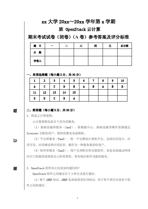 OpenStack云计算平台实战(微课版)-期末试卷(A)答案[4页]