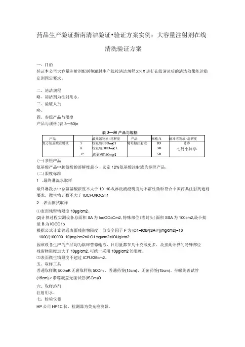 药品生产验证指南清洁验证验证方案实例：大容量注射剂在线清洗验证方案