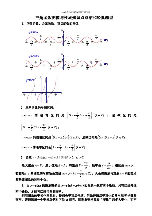 三角函数图像与性质知识点总结和经典题型
