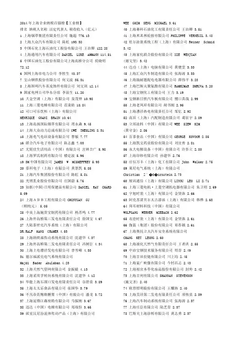 2014年上海企业纳税百强榜
