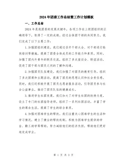 2024年团委工作总结暨工作计划模板
