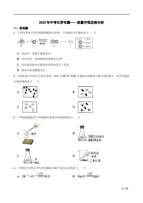 2023年中考化学专题——质量守恒定律分析附解析