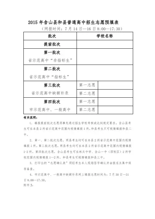 2015年含山县和县普通高中招生志愿预填表