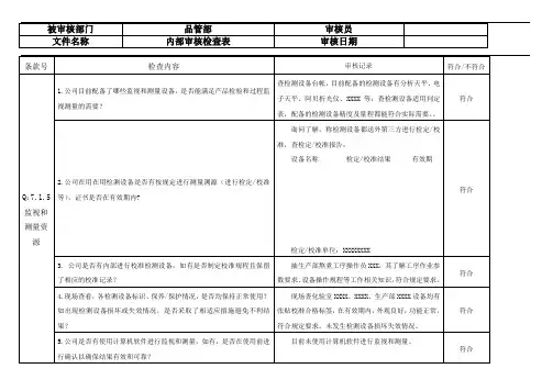 内部审核检查表 7.1.5