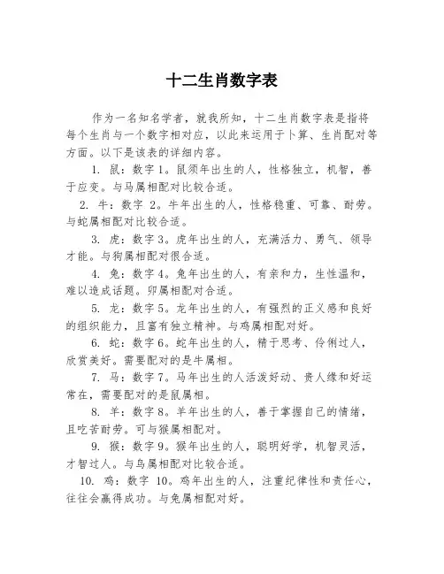 十二生肖数字表