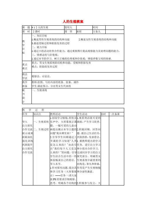七年级生物下册 人的生殖教案 新人教版