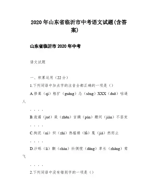 2020年山东省临沂市中考语文试题(含答案)