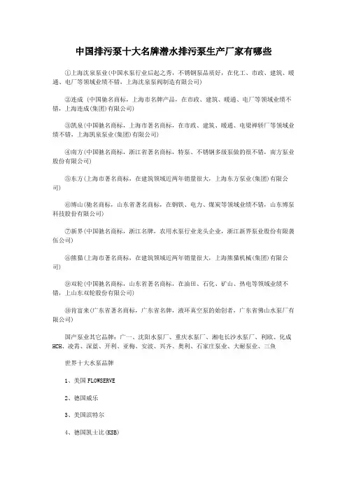 中国排污泵十大名牌潜水排污泵生产厂家有哪些