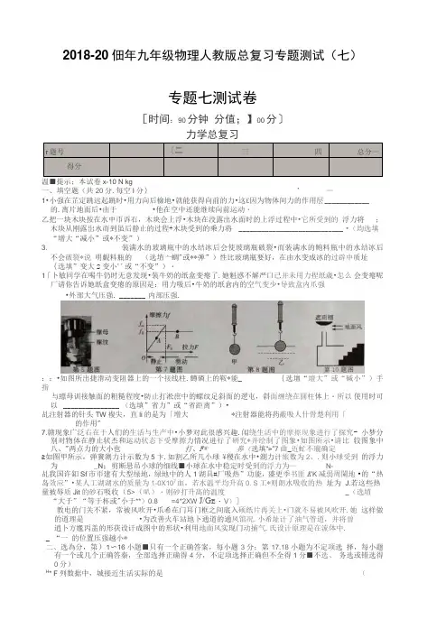 2018-2019年九年级物理人教版总复习专题测试(七)力学总复习图片版,有答案