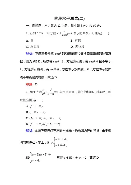 人教版数学高二-人教B版选修2-1练习 第二章 圆锥曲线与方程