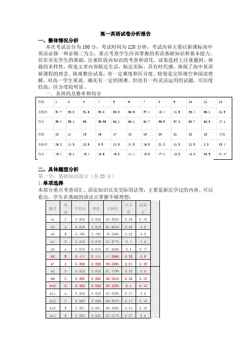 高一英语试卷分析报告