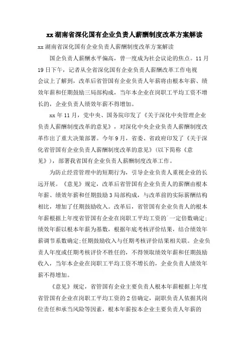 xx湖南省深化国有企业负责人薪酬制度改革方案解读