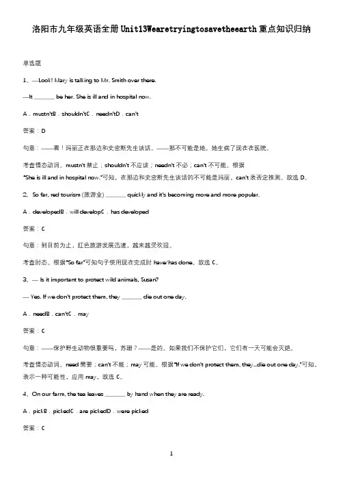 洛阳市九年级英语全册Unit13Wearetryingtosavetheearth重点知识归纳