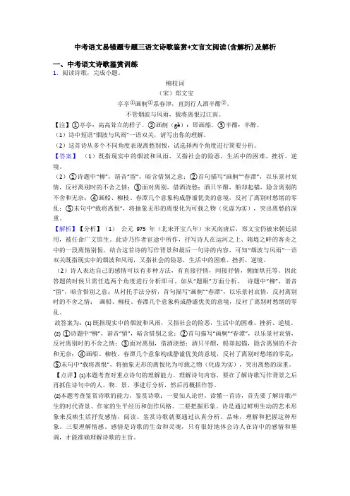 中考语文易错题专题三语文诗歌鉴赏+文言文阅读(含解析)及解析