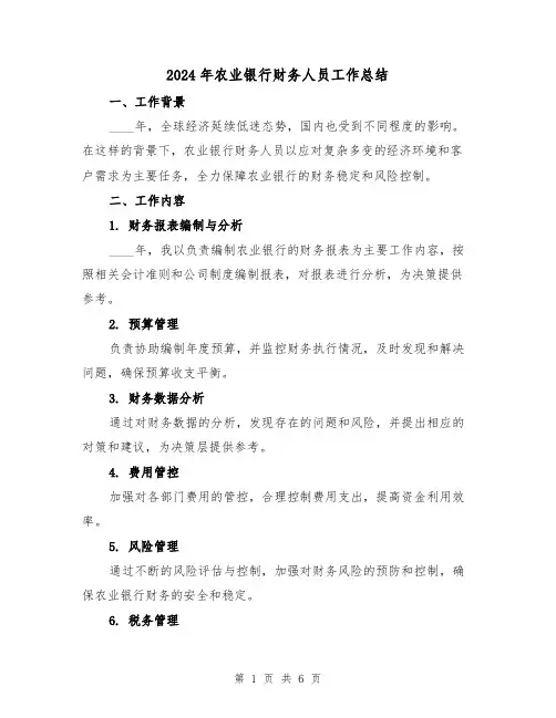 2024年农业银行财务人员工作总结(2篇)