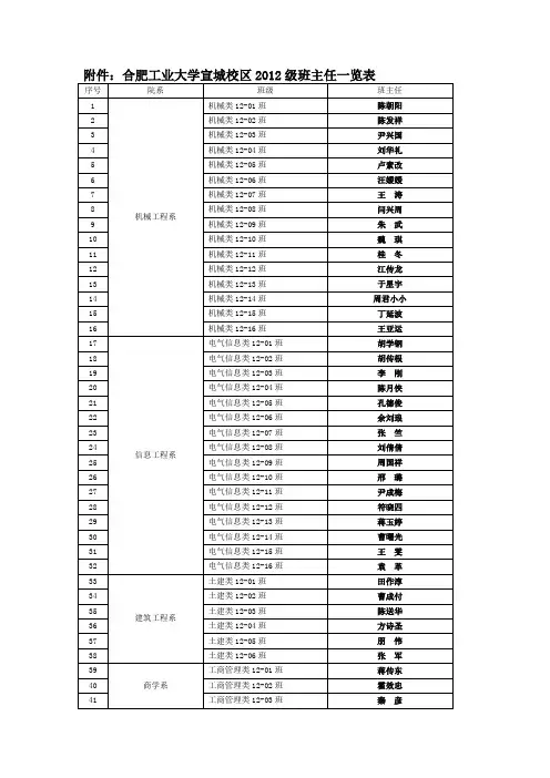 合肥工业大学宣城校区2012级班主任一览表