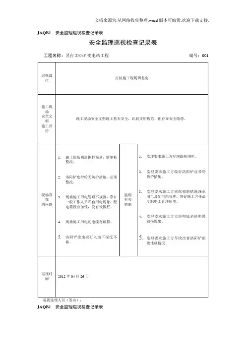 安全监理巡视检查记录表1