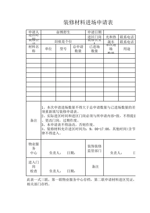 装修材料进场申请表