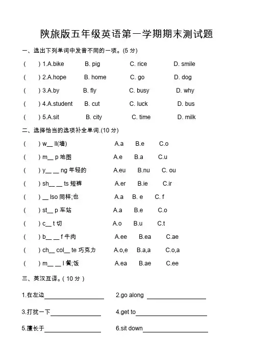 新陕旅版五年级上册英语期末测试题2套