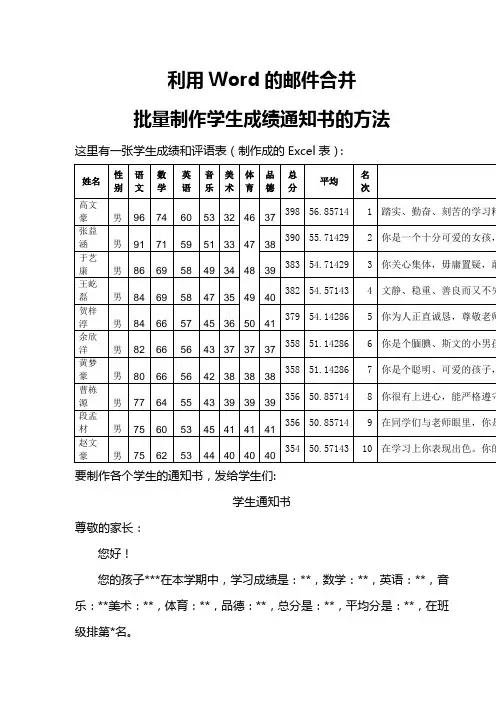 利用Word的邮件合并批量制作学生成绩通知书的方法