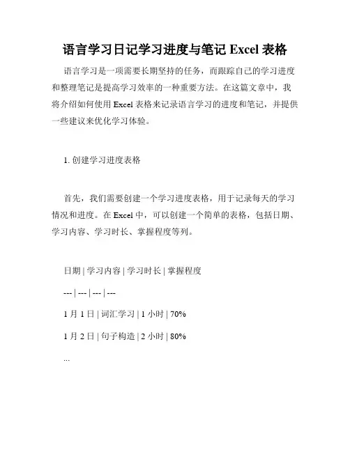 语言学习日记学习进度与笔记 Excel 表格