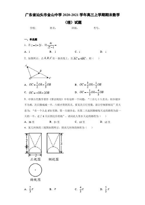 广东省汕头市金山中学2020-2021学年高三上学期期末数学(理)试题