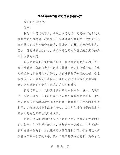 2024年客户给公司的表扬信范文
