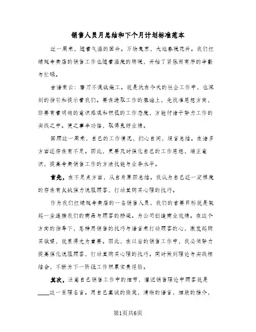 销售人员月总结和下个月计划标准范本(3篇)